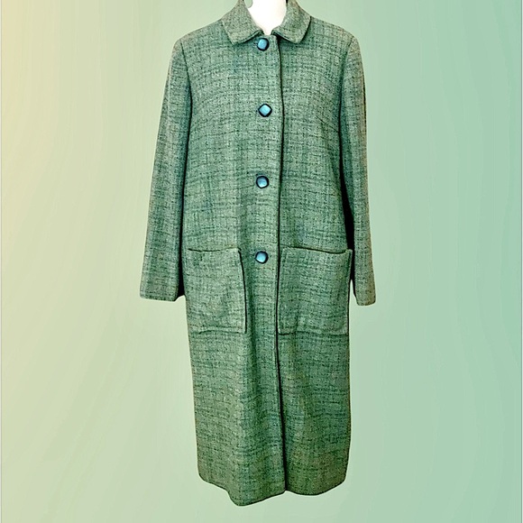 EUC! WOMEN’S VINTAGE GRAYISH-GREEN TWEED WOOL LONG COAT - Picture 2 of 11